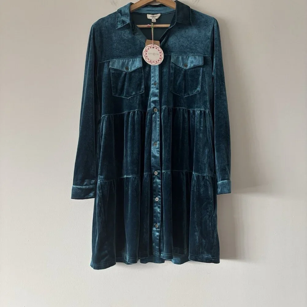 Umgee Velvet Button Down Tiered Dress‎ Size Small Boho Casual Country Glam NWT